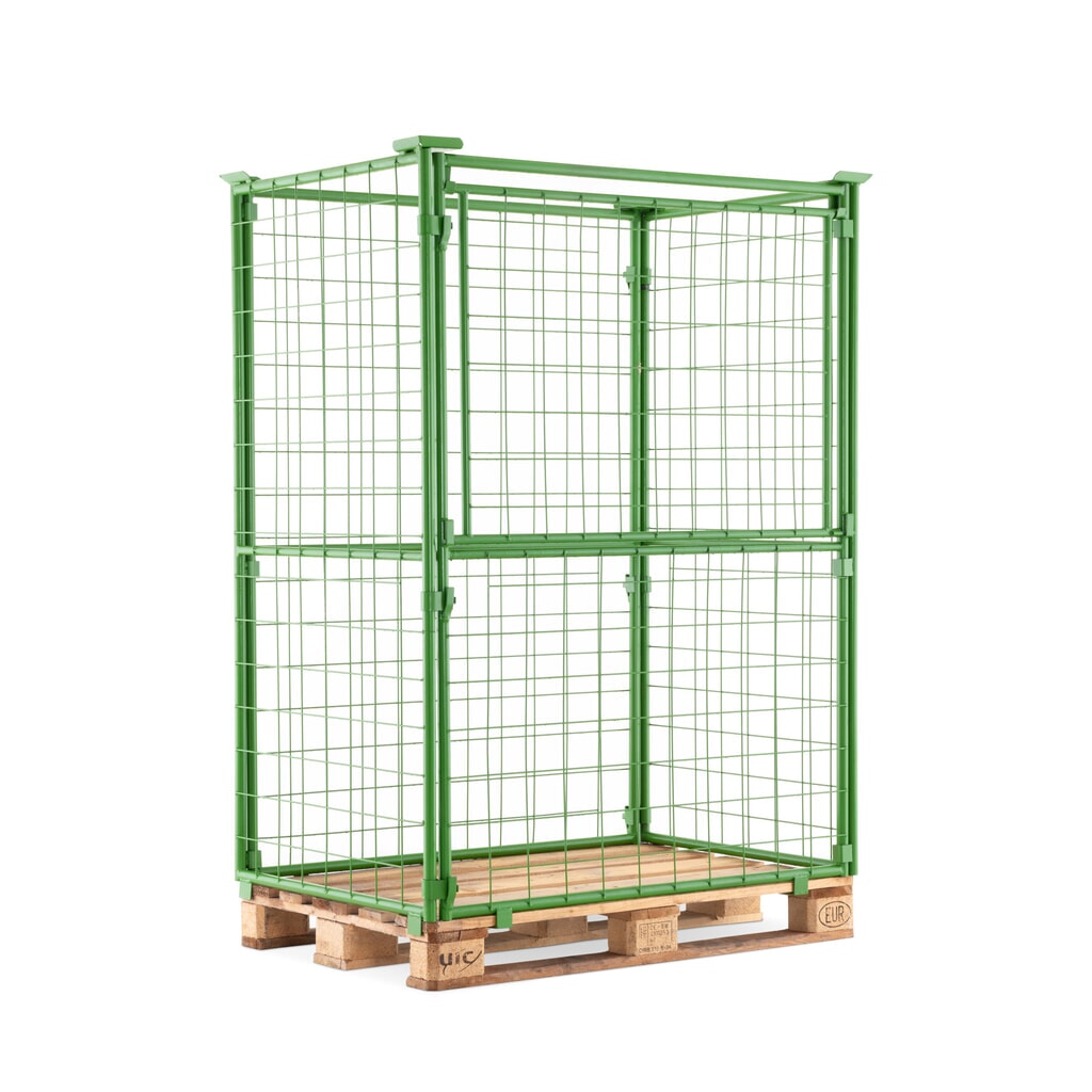 Produktbillede: BASIC palleramme med klap, maskevidde 100 x 100 mm, HxBxD 1.600 x 1.200 x 800 mm, majgrøn
