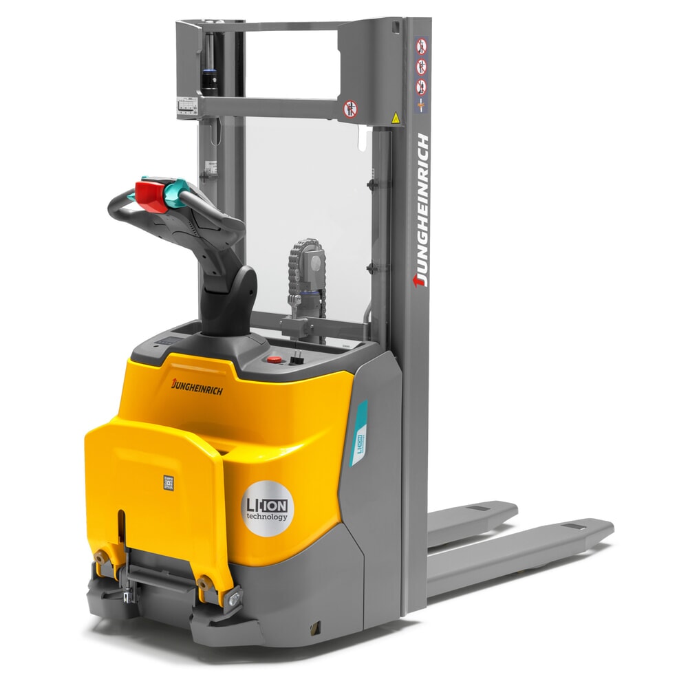 Produktbillede: Jungheinrich-elpalleløfter ERC 110i ZZ med ståplatform, dobbelt-teleskop-mast, masthøjde 2.300 mm, bæreevne 1.000 kg, proportionalhydraulik