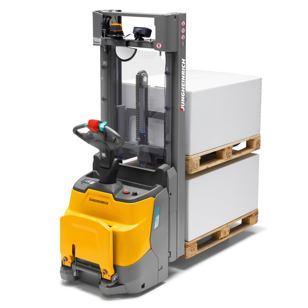 Produktbillede: Jungheinrich-elpalleløfter ERC 110zi ZT med ståplatform, dobbelt-teleskop-mast, masthøjde 2.500 mm, bæreevne 1.000 kg, proportionalhydraulik, dobbeltstablingsfunktion